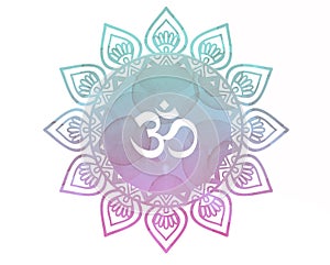 Pink blue Watercolor mandala Om Aum Symbol