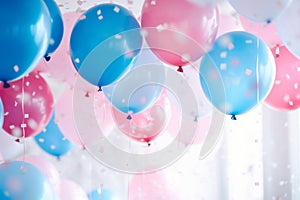 Pink, blue and white balloons, confetti and streamers as a decorations at a gender reveal or a baby shower party