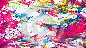 Pink blue white gold vivid bright watercolor paint acrylic abstract background, texture and strokes of brush