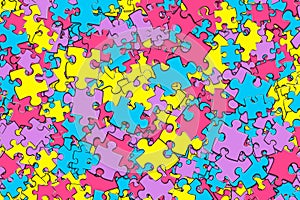 Pink, blue, yellow and purple jigsaw pieces.
