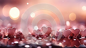 Pink bokeh background with mini heart symbols and abstract light circles for poster design