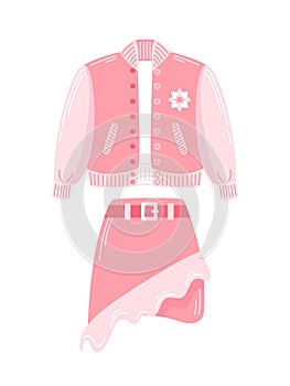 Pink bomber jacket for a doll. Asymmetrical skirt with frill. Floral print. Vector illustration in flat style. y2k