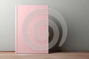 A pink book cover mockup sitting on top of a wooden floor.