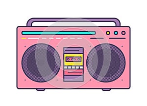 Pink boombox, portable music player with integrated loudspeakers, carrying handle and cassette recorder isolated on