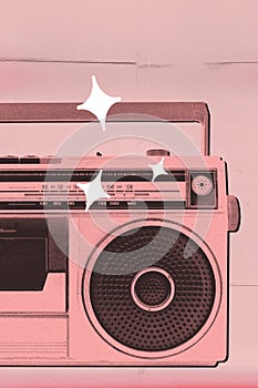 Pink boombox, retro radio on monotone. Promotional image for retro music festival. 1980s or 1990s pop culture art