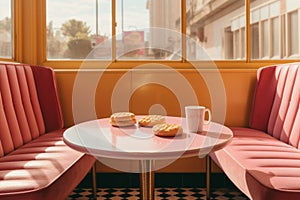 a pink booth with two donuts and a cup of coffee