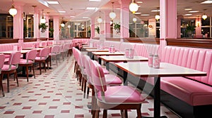 Pink booths and tables in a diner, AI