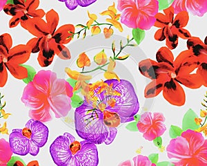 Pink Botanical Textile. Purple Orchid Design. Green Hibiscus Plant. Yellow Flower Illustration. Colorful Watercolor Foliage. Blur