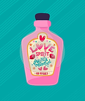 Pink bottle with hand lettering love spirit. Cute Valentine festive holiday illustration. Bright colorful pink and blue vector