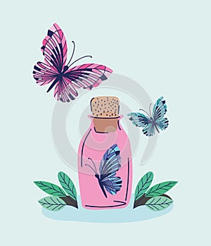 pink bottle with one butterfly in it and two more butterflys