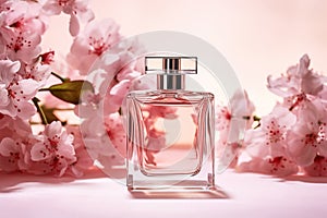 pink bottle of perfume with flowers, rose, petals. close up. Beauty background.