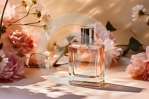 pink bottle of perfume with flowers, rose, petals. close up. Beauty background