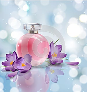 Pink bottle women`s perfume with spring flowers crocuses on blurred background. Vector