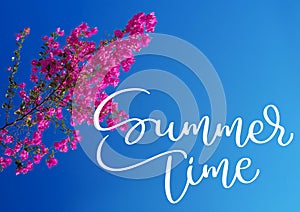 Pink bougainvillea against the sky and text Summer time. Calligraphy lettering hand draw