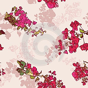 Pink bougainvillea layered floral seamless vector pattern background with gren foliage for fabric, wallpaper, stationery