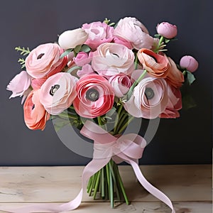 Pink bouquet of flowers decorated with a bow on a dark background. Flowering flowers, a symbol of spring, new life