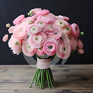 Pink bouquet of flowers decorated with a bow on a dark background. Flowering flowers, a symbol of spring, new life