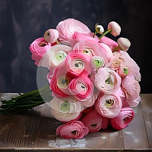 Pink bouquet of flowers decorated with a bow on a dark background. Flowering flowers, a symbol of spring, new life