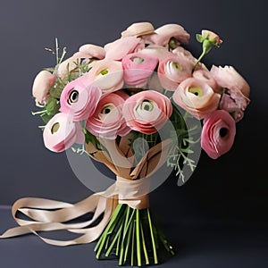 Pink bouquet of flowers decorated with a bow on a dark background. Flowering flowers, a symbol of spring, new life