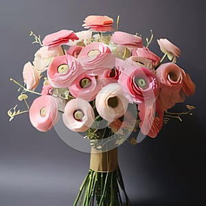 Pink bouquet of flowers decorated with a bow on a dark background. Flowering flowers, a symbol of spring, new life