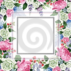 Pink bouquet flowers. Floral botanical flower.Frame border ornament square.