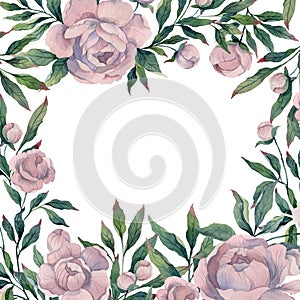 Pink bouquet peony flower and leaves, watercolor drawing, template frame wreath illustration