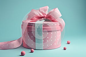 Pink Box With Polka Dots And Pink Ribbon Hanging On Blue Background. Generative AI