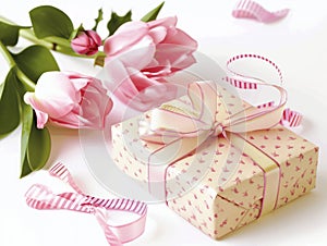 A pink box with a ribbon on top sits on a white background