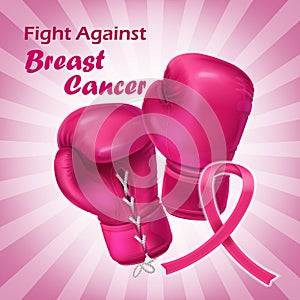 Pink boxing gloves and ribbon with text Breast cancer