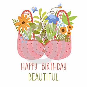 Pink bra with flowers. Floral female bra. Breast cancer Awareness month. Happy Birthday beautiful funny card.