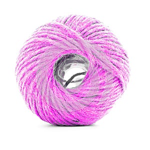 Pink braided skein, sewing yarn roll isolated on white background