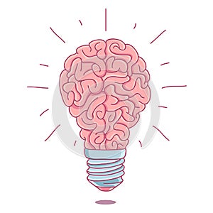 Pink brain in the form of a burning light bulb