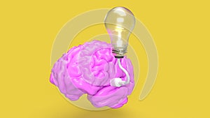 The pink Brain and light bulb on yellow background for creative or idea concept 3d rendering