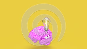 The pink Brain and light bulb on yellow background for creative or idea concept 3d rendering