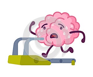 Pink Brain Running on Treadmill, Funny Human Nervous System Organ Cartoon Character Vector Illustration on White