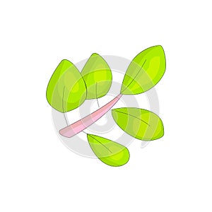 Pink branch icon with cartoon green leaves. Green cartooning leaves, positive spring colors. Cartoon leaf. Funny icon