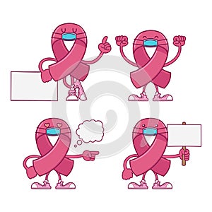 Pink breast cancer ribbon cartoon characters wearing face mask