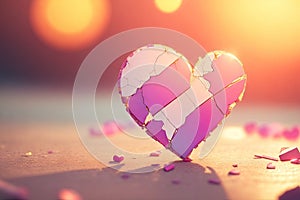 pink broken heart on background. Mosaic heart from pieces. Broken love concept, ai generative