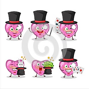A pink broken heart love Magician cartoon character perform on a stage