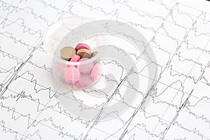 Pink and brown pills in graduated glass on EKG graph