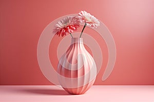 Pink bud vase with pink gerbera flowers bouquet with soft colors. Summer, spring cosmetics background. AI generated