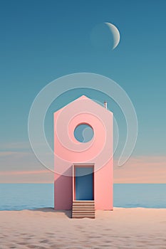 Pink building with blue door and half moon