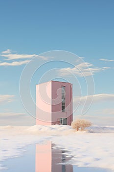 Pink building in snow-covered field