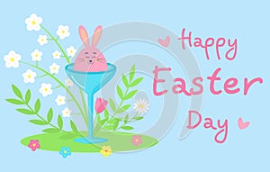 Pink bunny in the egg stand with twigs and flowers. Happy Easter Day greeting card