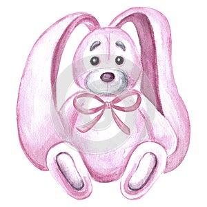 Pink bunny in pink bow sits cute soft kids toy Watercolor hand drawn illustration on a white background for design