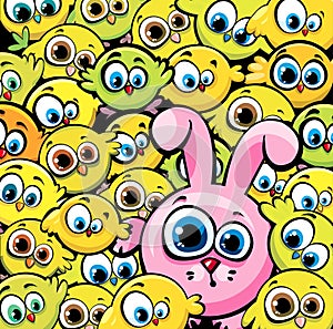 Pink bunny and yellow chickens