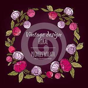 Peonies vector round frame.