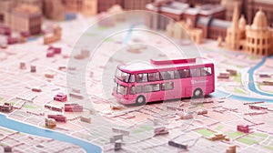 A pink bus on a map of a city with a city in the background.Generative AI