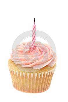 Pink buttercream iced cupcake with a single birthday candle