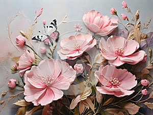 Pink butterflies painted with oil paints and delicate wildflowers Colorful oil paint art